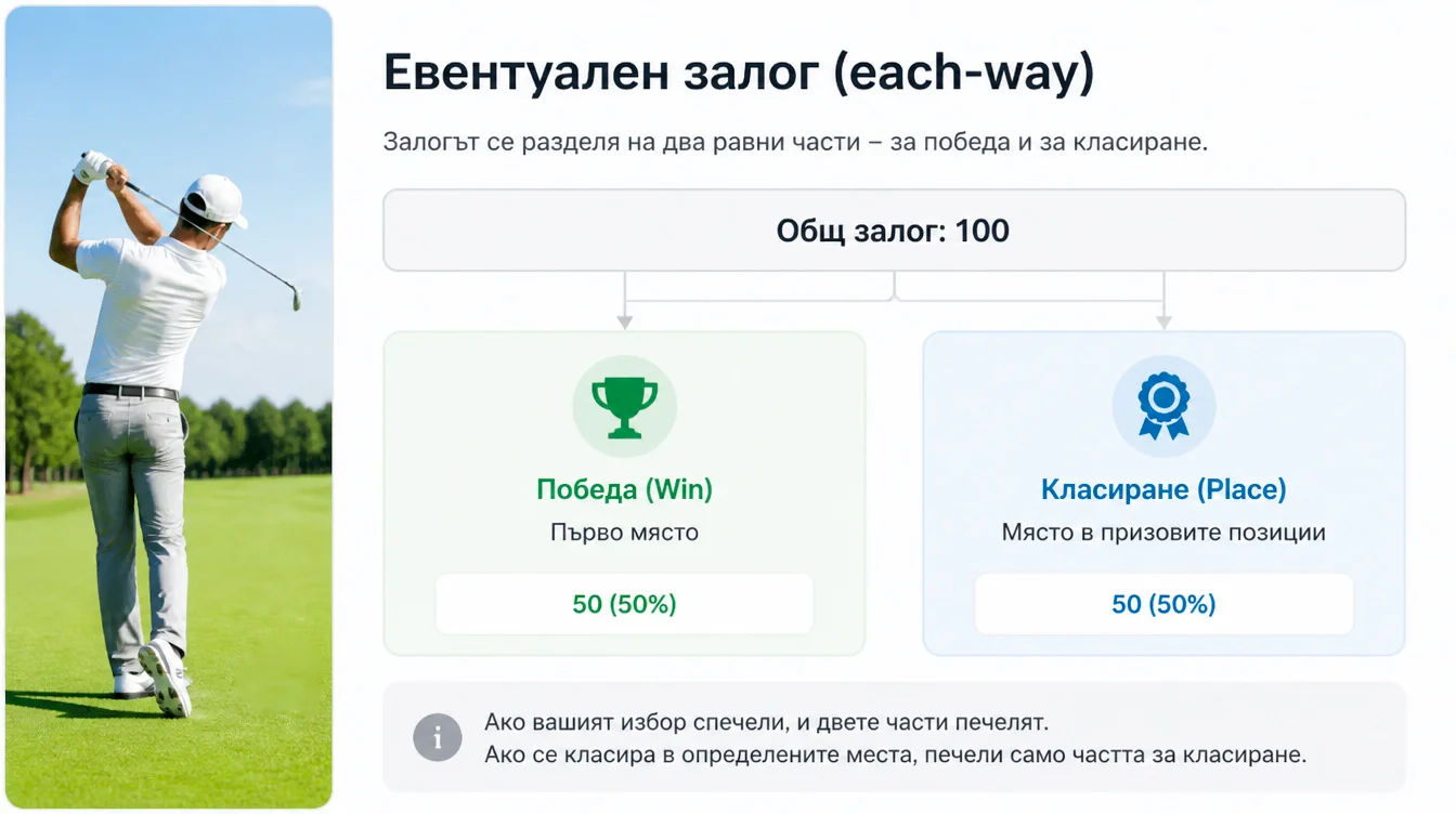 Each-way залог удвоява стейка с част за победа и част за класиране