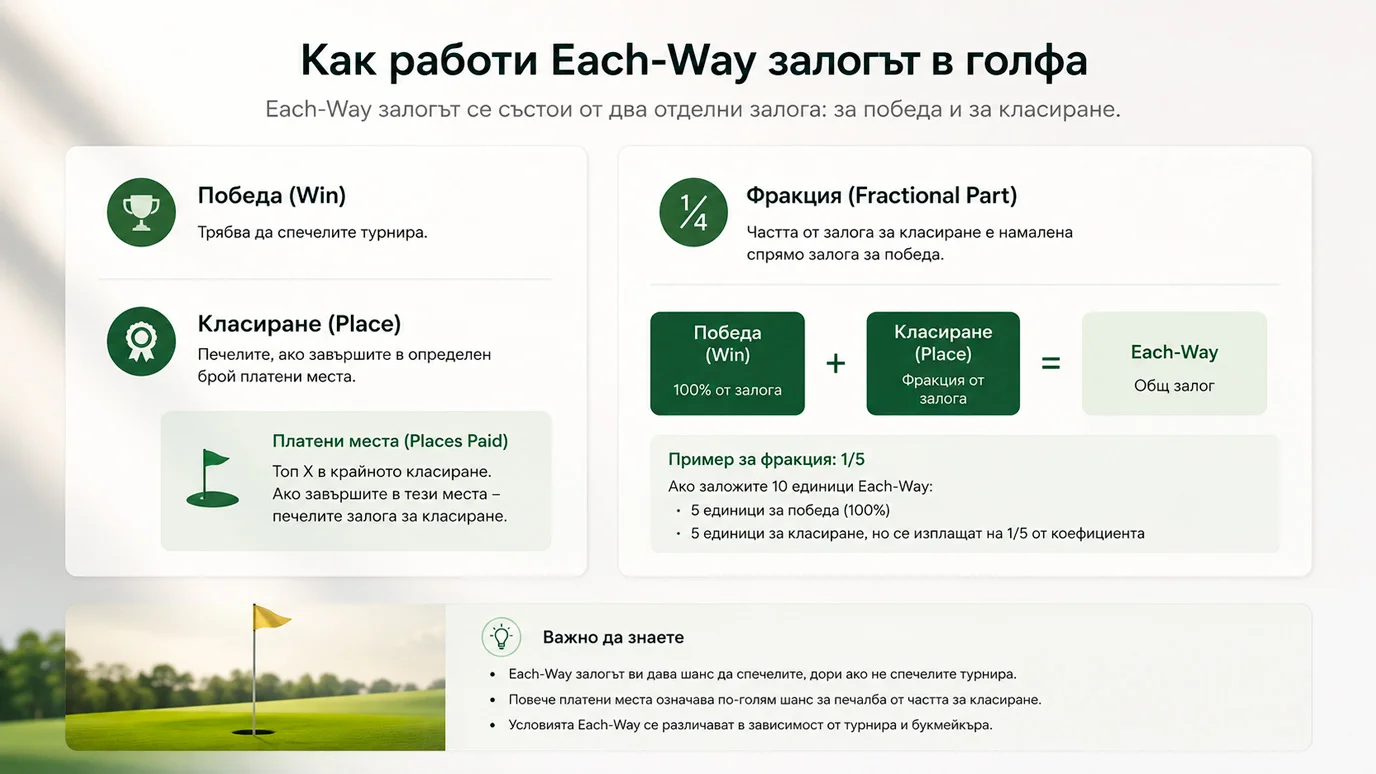 Брой платени позиции и дробна част определят each-way условията в голфа