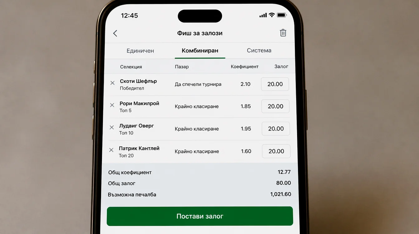Екран с купон за голф залог, показващ селекция, пазар, коефициент и сума