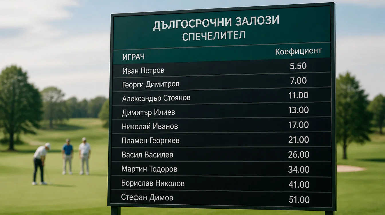 Голф турнирно табло с имена на играчи и дългосрочни futures коефициенти