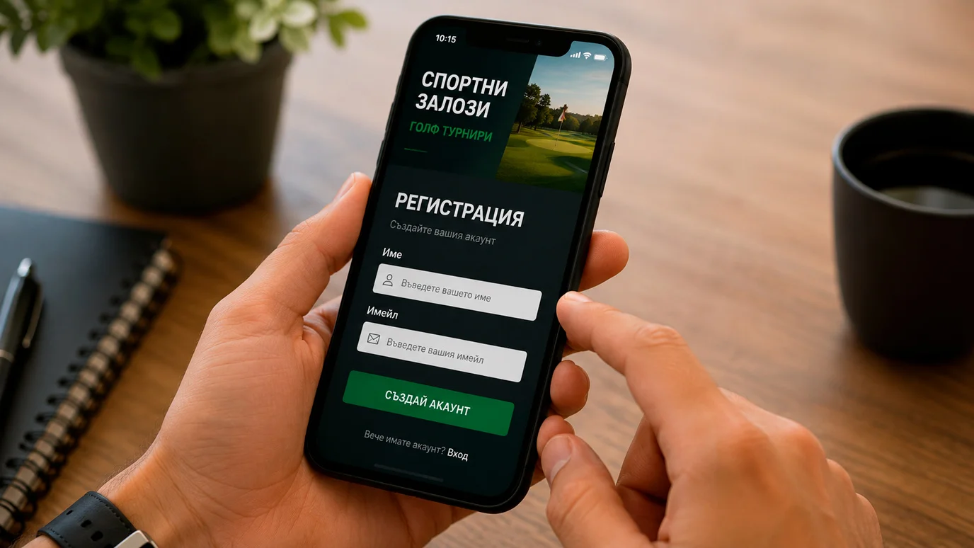 Залагащ попълва регистрационна форма на букмейкър на смартфон с голф турнир на екрана